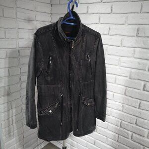 Le Grenier Ladies Size Medium Full Zip Lined Drawstring Waist Black Demin Coat